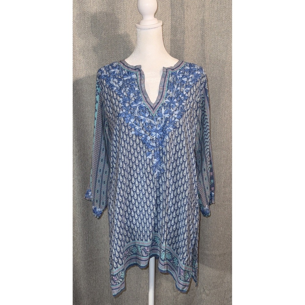 AMAYA 100% SILK TUNIC Hand Embroidered Paisley Tunic  Sz 42 - Medium Resortwear